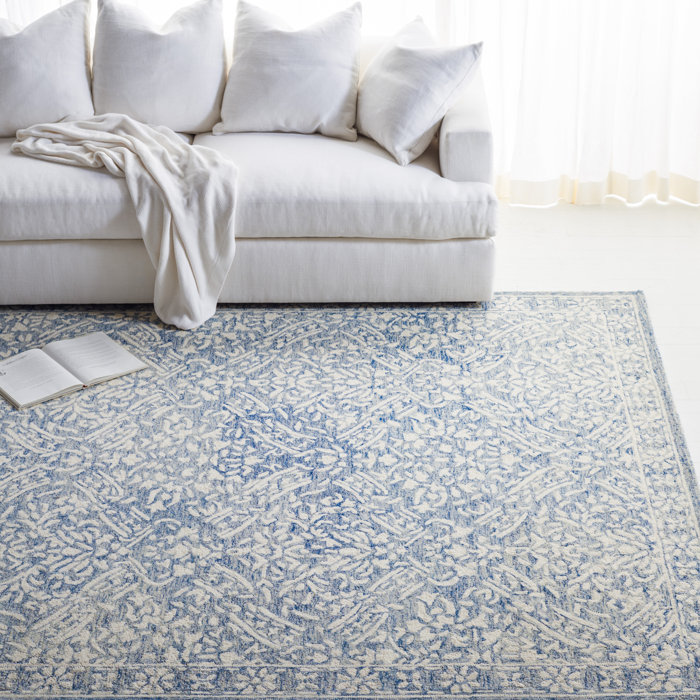Handmade Blue and Ivory Floral Wool Area Rug, 8' x 11'