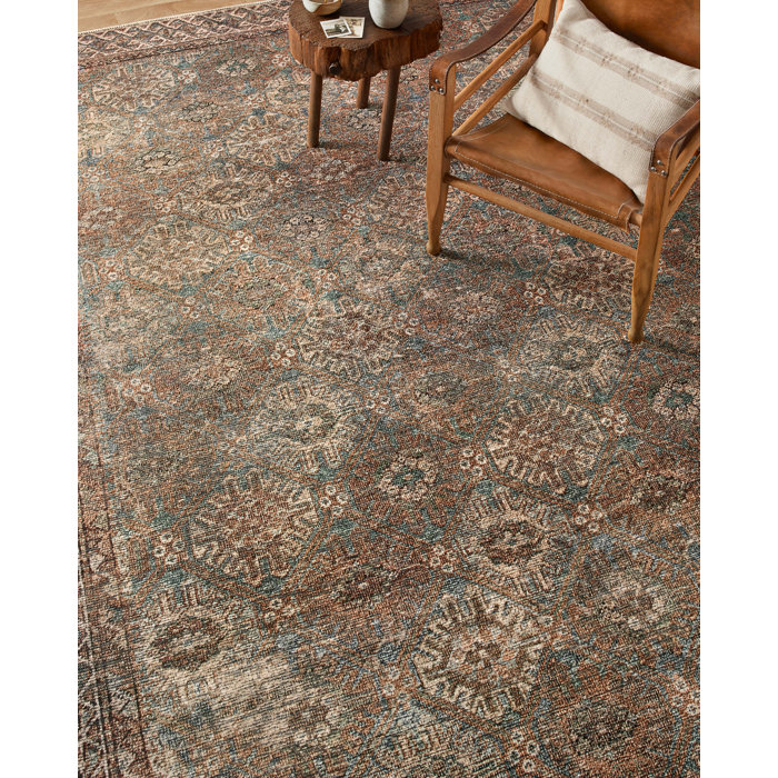 Aqua and Rust Distressed 6' x 9' Synthetic Easy-Care Area Rug
