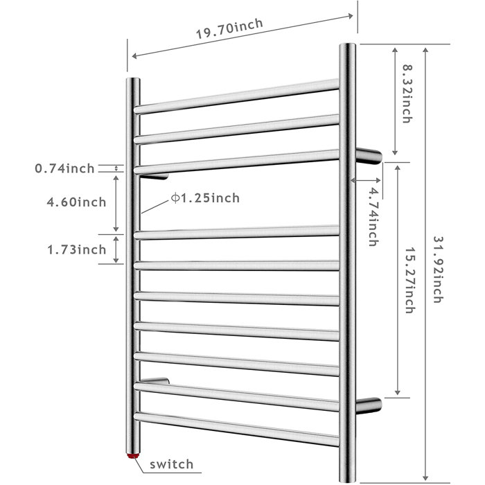 Brushed Stainless Steel Wall Mounted Heated Towel Rail