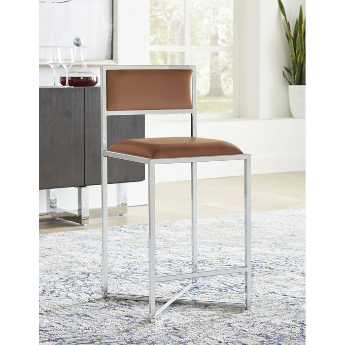 Cognac Faux Leather and Chrome Counter Stool Set