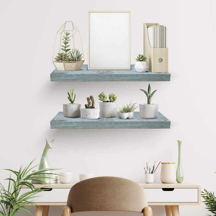Rustic Coastal Blue Distressed Wood Floating Wall Shelf Set