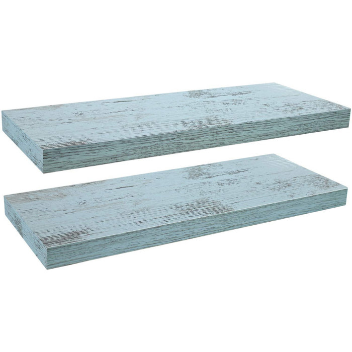 Rustic Coastal Blue Distressed Wood Floating Wall Shelf Set
