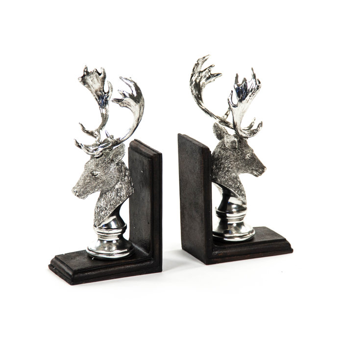 Silver Deer Head Resin Bookends with Black Base, Set of 2