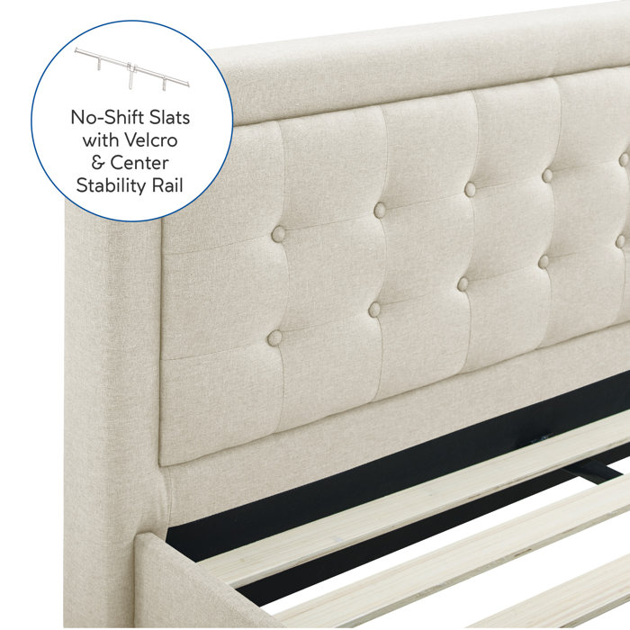 Transitional Linen Queen Upholstered Platform Bed with Tufted Headboard