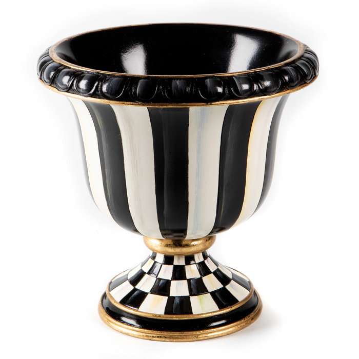 Black and White Striped Painted Urn with Golden Embellishments
