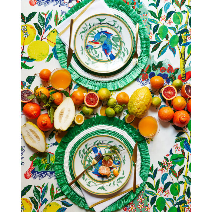 Yellow and White Round Fringe Plastic Placemats Set of 4