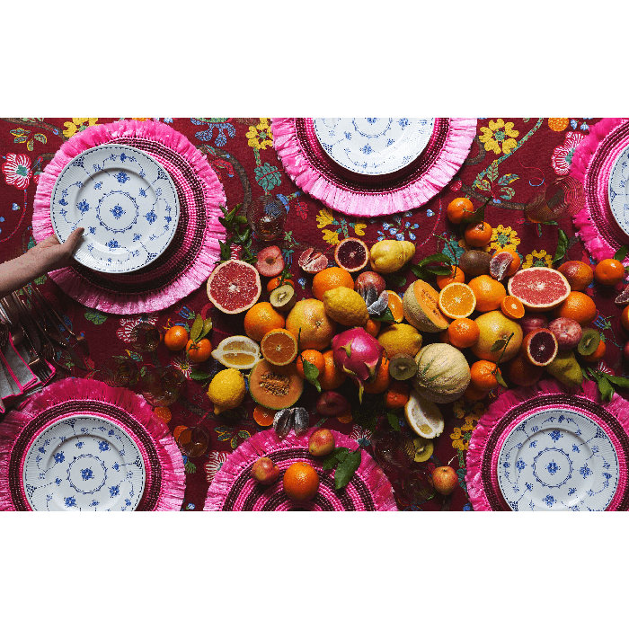 Yellow and White Round Fringe Plastic Placemats Set of 4