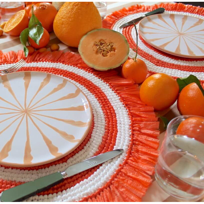 Yellow and White Round Fringe Plastic Placemats Set of 4