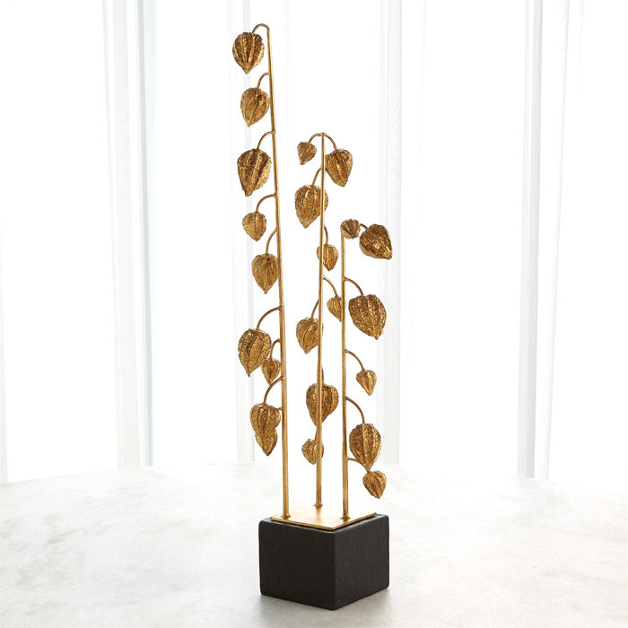 Artisan Gold Leaf Japanese Lanterns on Black Marble Base