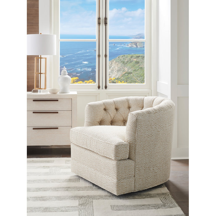 Cream Swivel Barrel Chair with Elegant Wood Accents