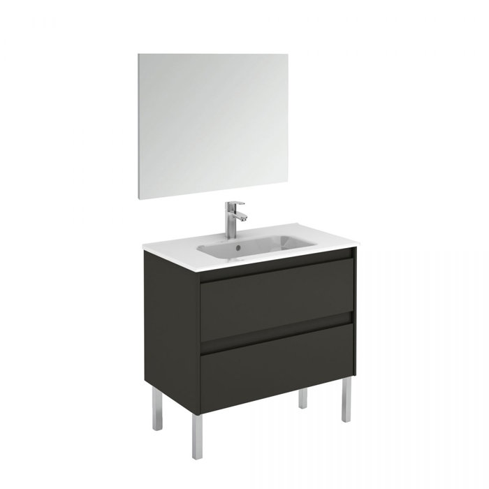 Ambra 32'' Glossy Anthracite Modern Bathroom Vanity with Integrated Ceramic Sink and Mirror
