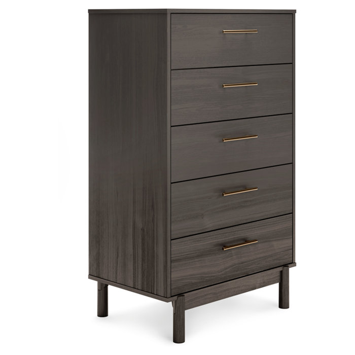 Gray 5-Drawer Mid-Century Modern Chest with Gold Handles