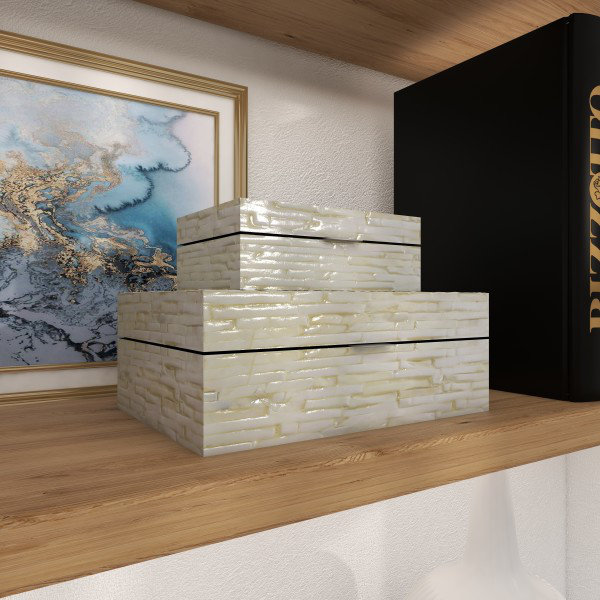 Stained White Handmade Wood Lidded Decorative Box Set