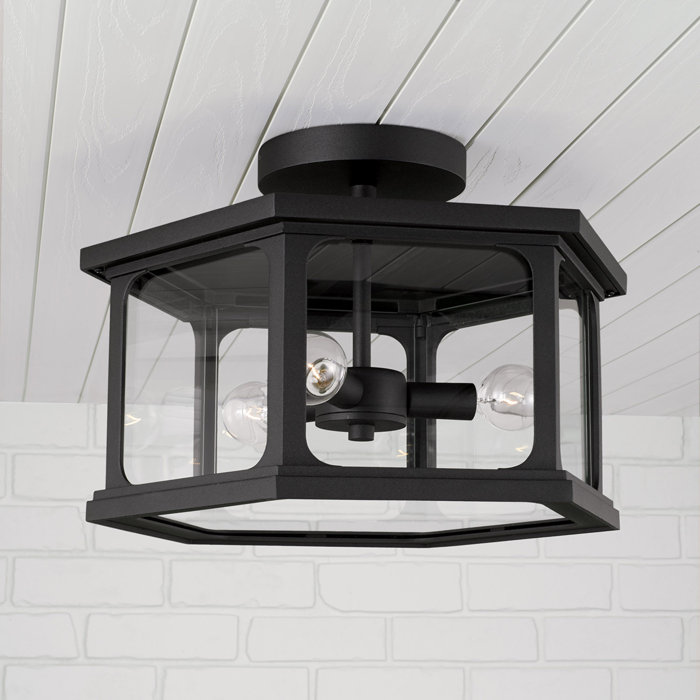 Black Hexagonal 3-Light Outdoor Flush Mount with Clear Glass