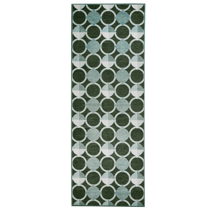 Dark Sage Green Geometric Washable Runner Rug