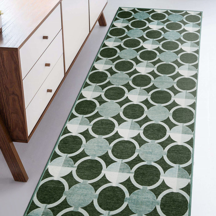 Dark Sage Green Geometric Washable Runner Rug