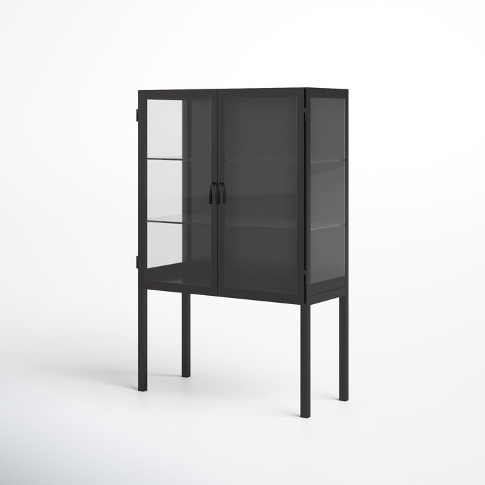Lomita Minimalist Black Iron & Clear Glass Wide Storage Cabinet