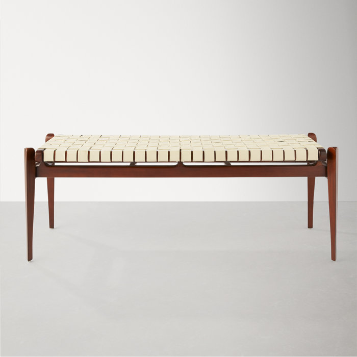 Dilan Sophisticated White Genuine Leather Bench with Mahogany Frame
