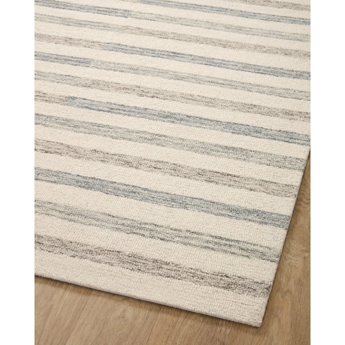 Ivory Stripe Tufted Wool Area Rug 9'3" x 13' - Handmade and Durable