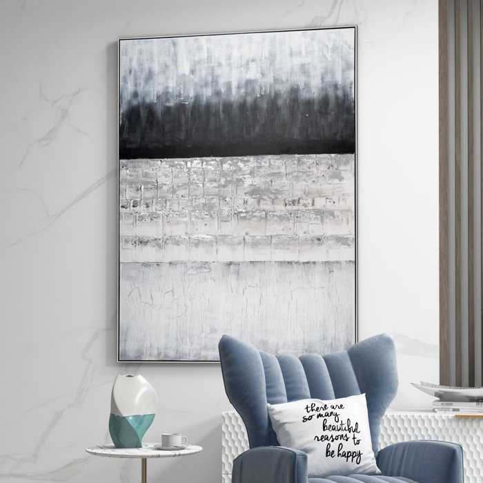 Oversized Monochromatic Abstract Canvas with Black and Silver Frame