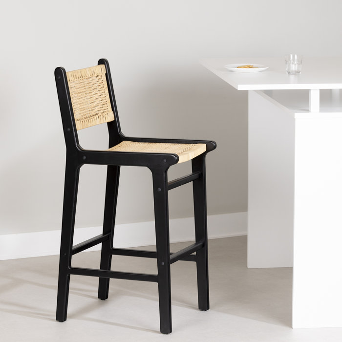 Balka 43" Black and Natural Rattan Teak Bar Stool
