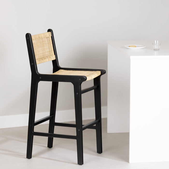 Balka 43" Black and Natural Rattan Teak Bar Stool
