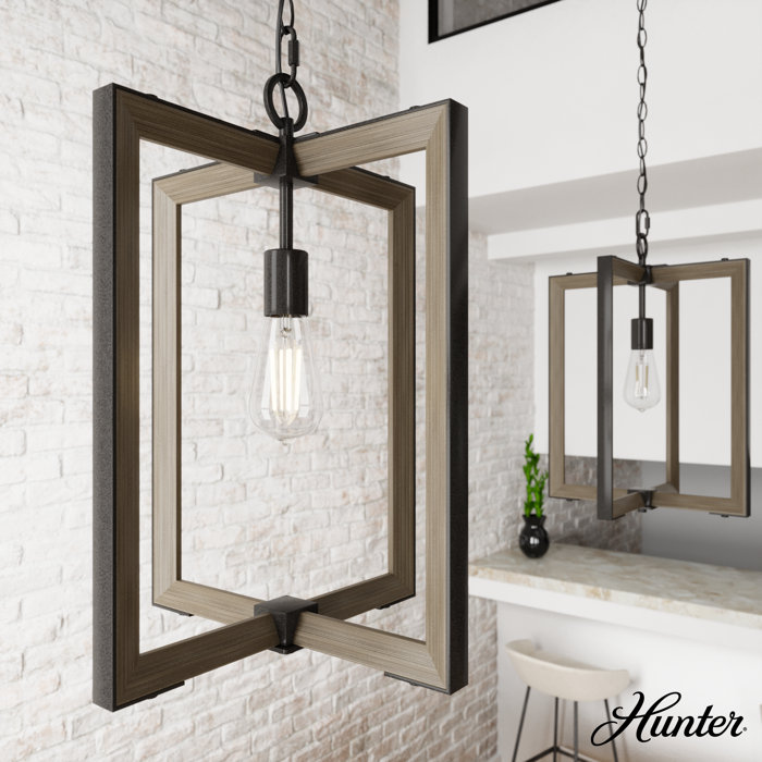 Noble Bronze and Oak 14" Geometric Pendant Light