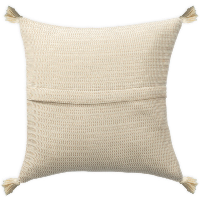 Beige Cotton Striped Square Throw Pillow with Tassels