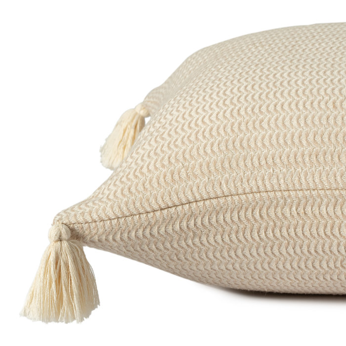 Beige Cotton Striped Square Throw Pillow with Tassels