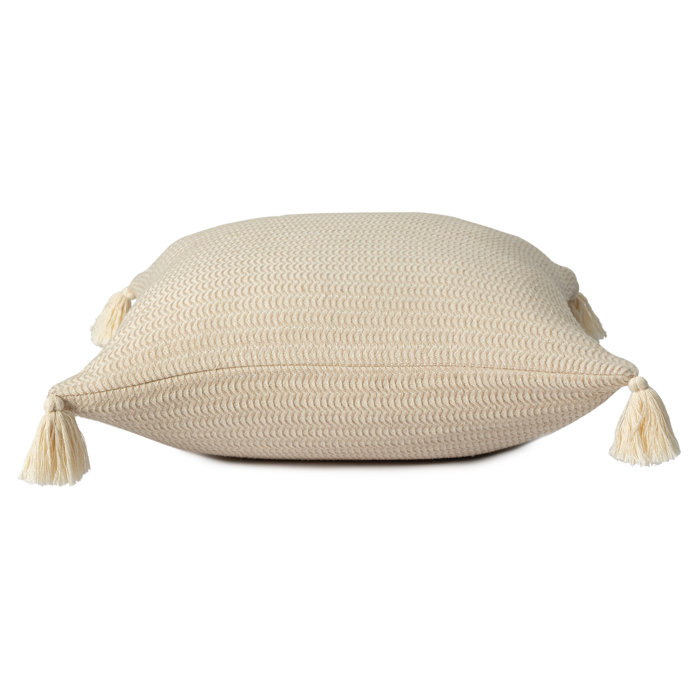 Beige Cotton Striped Square Throw Pillow with Tassels
