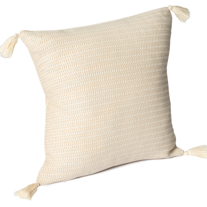 Beige Cotton Striped Square Throw Pillow with Tassels