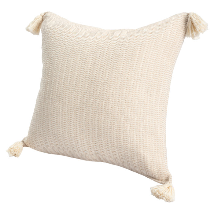 Beige Cotton Striped Square Throw Pillow with Tassels