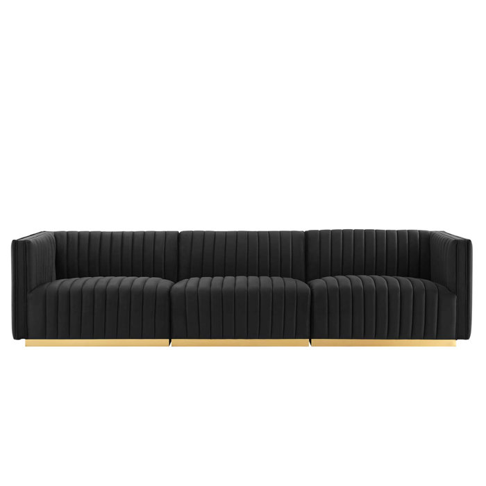 Gold Black Tufted Velvet Track Arm Sofa, 119"