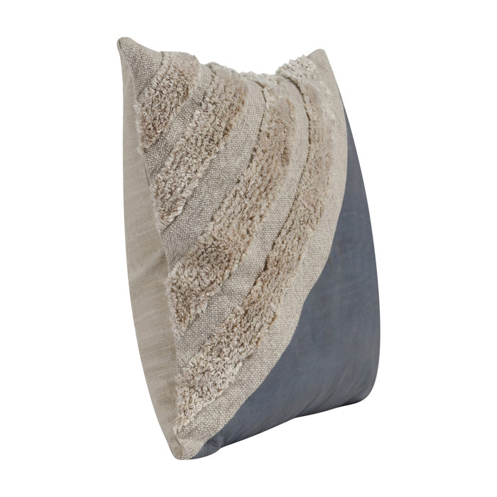 Arona 20" Blue and Beige Cotton Linen Leather Throw Pillow