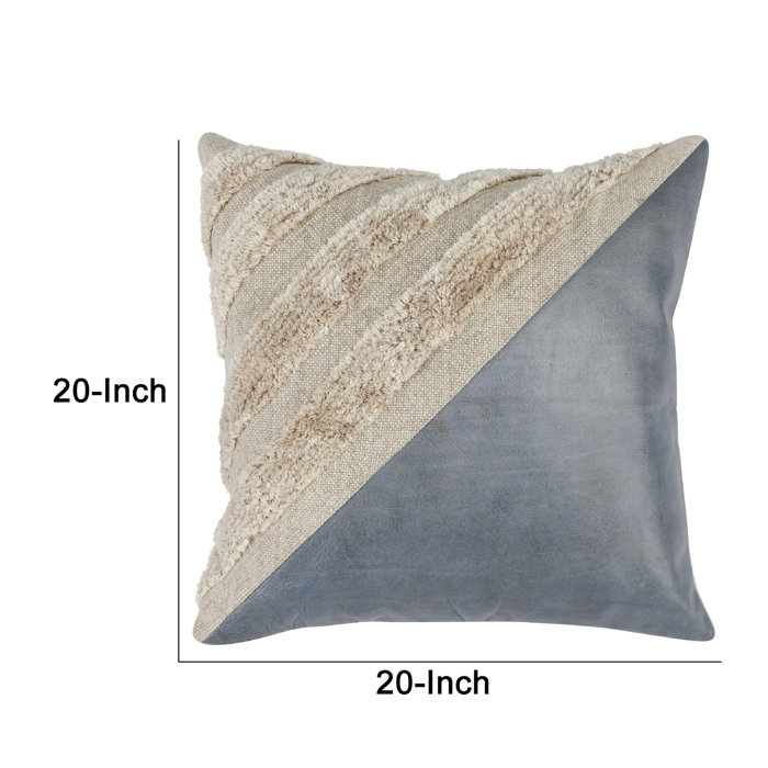 Arona 20" Blue and Beige Cotton Linen Leather Throw Pillow