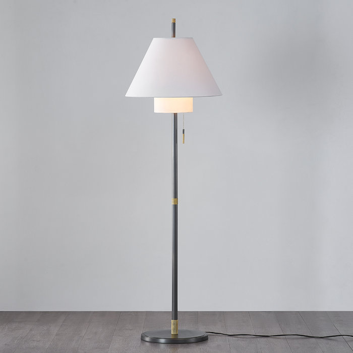 Aged Brass Adjustable Floor Lamp with White Linen Shade