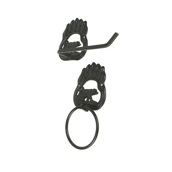 Rustic Black Iron Bear Paw Towel Ring and Holder Set