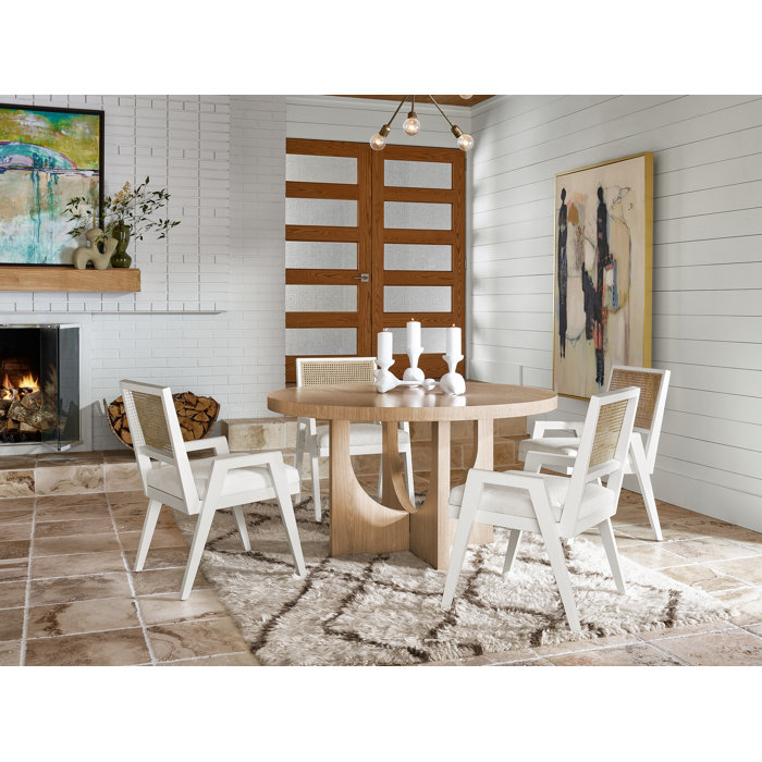 White Wood Cane Back Upholstered Armchair