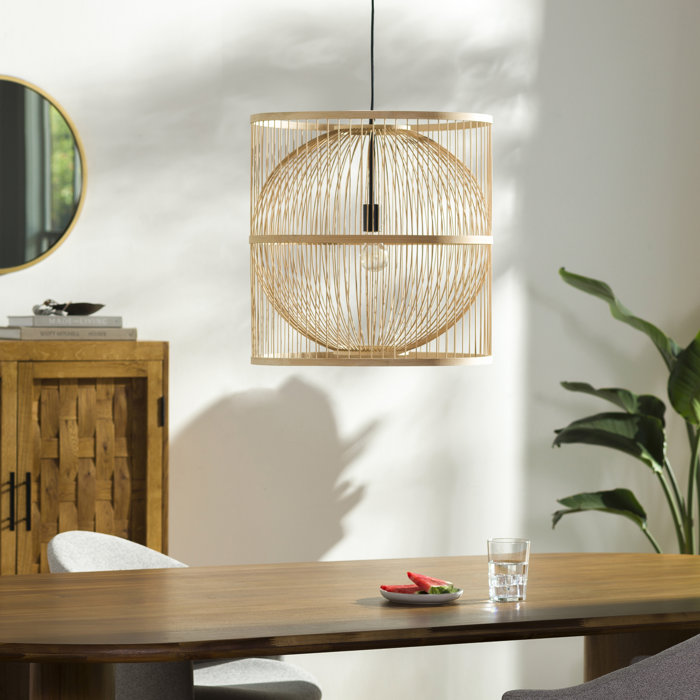 Beige Natural Wood and Wrought Iron Geometric Pendant Light