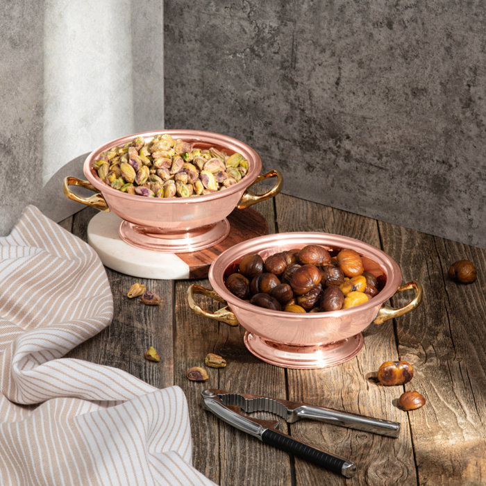 Vintage Copper and Brass Pedestal Serving Bowls Set