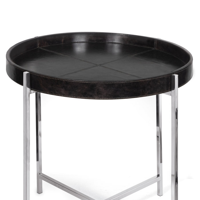 Small Black Round Metal Side Table with Polished Nickel Frame