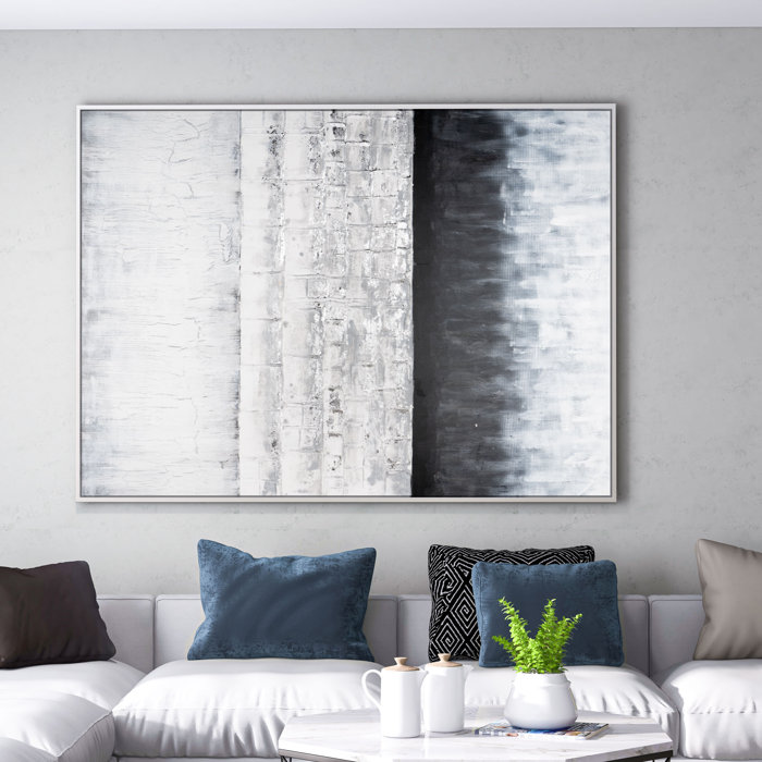 Oversized Monochromatic Abstract Canvas with Black and Silver Frame