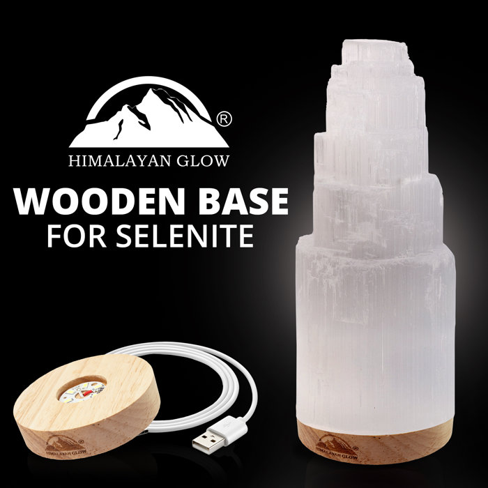 20cm Selenite Crystal Desk Lamp with Wooden Base - White