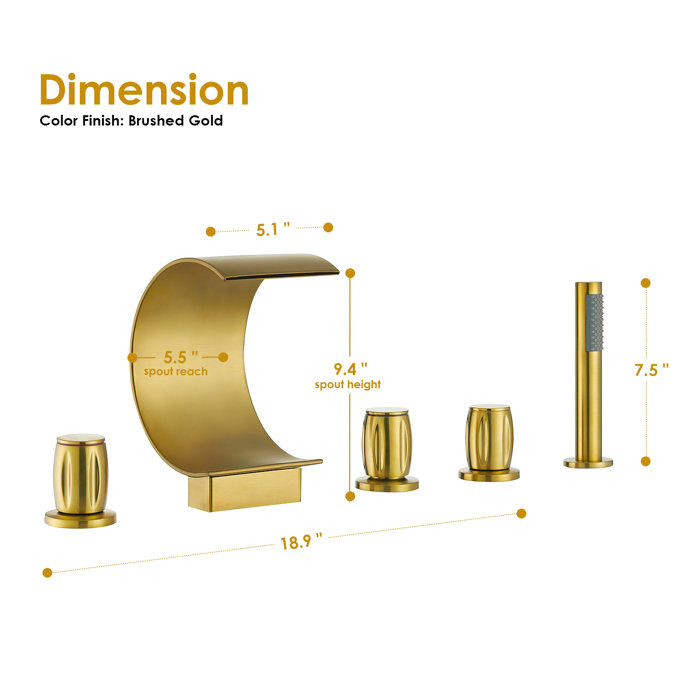 Brushed Gold Stainless Steel Waterfall Tub Faucet Set