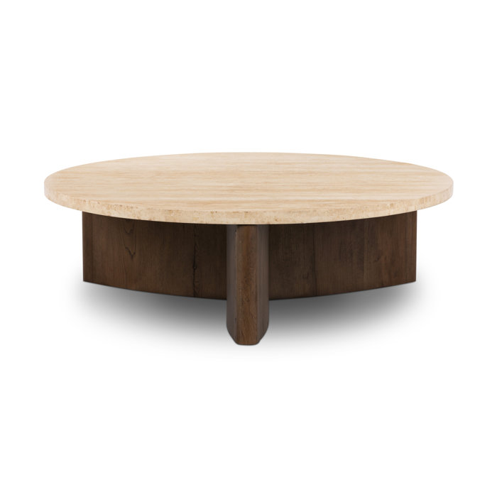 Round Travertine and Oak Coffee Table