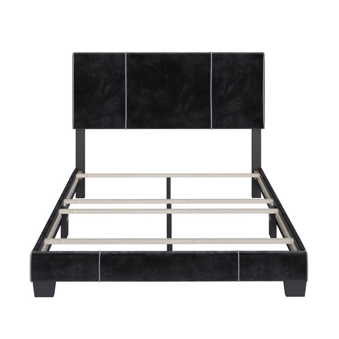 Lucena Black Velvet Upholstered Queen Platform Bed with Headboard