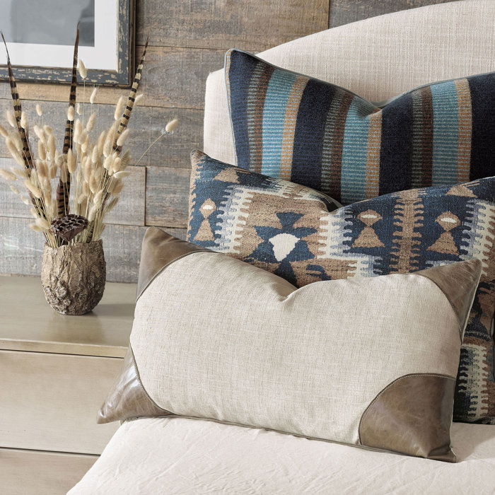 Beige and Brown Polyester Lumbar Pillow with Leather Corners