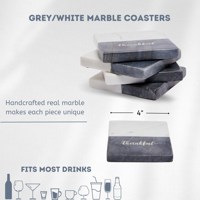 Gray and White Marble Square Coaster Set with Thankful Text