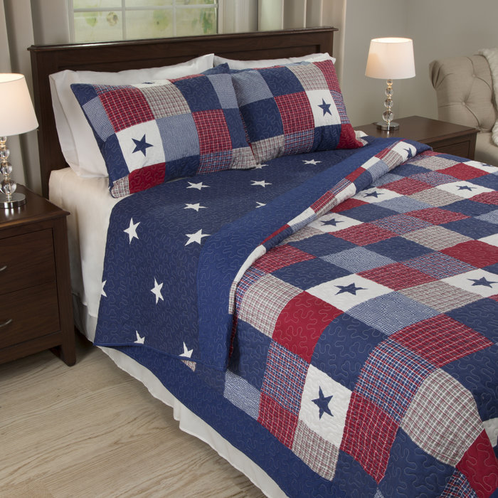 Patriotic Stars and Plaid Twin Microfiber Quilt Set