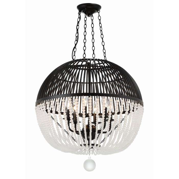 Matte Black Cage Chandelier with Frosted Glass Beads